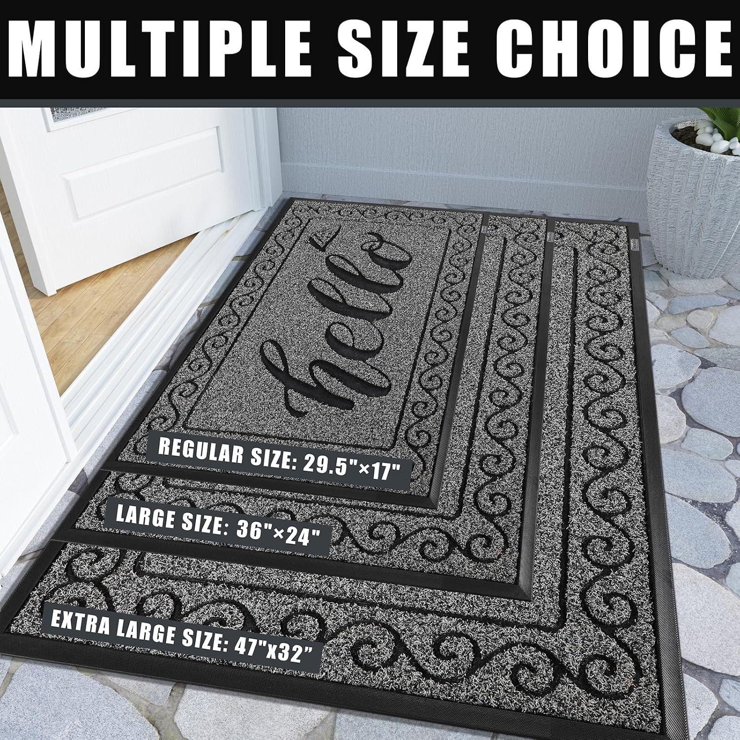 Yimobra Welcome Mats for Front Door 36x24, Heavy Duty Waterproof Outdoor Door Mat Outside Entrance, Non-Slip Low Profile Indoor Entryway Mat for Garage Patio, Black Gray