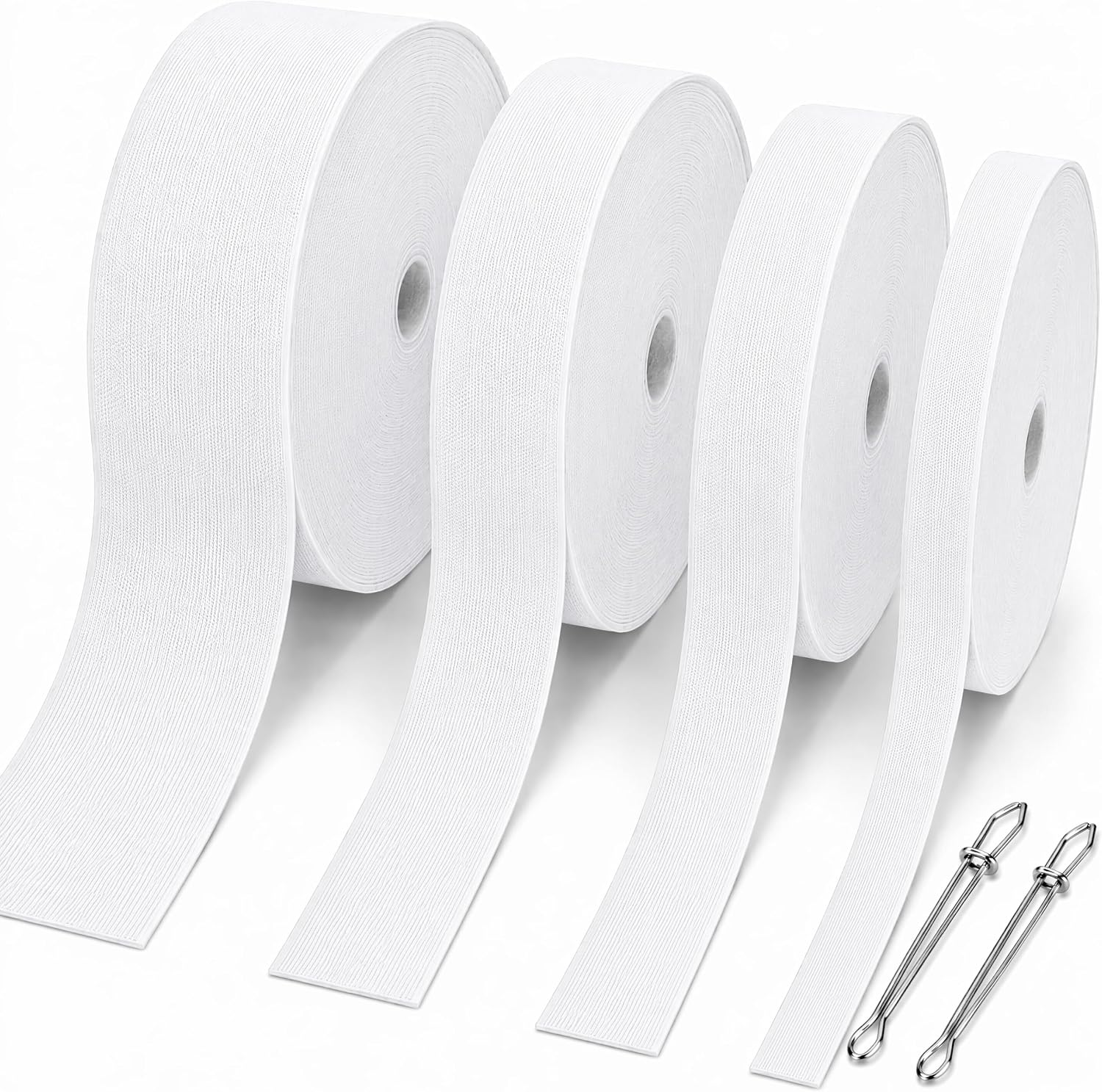 4 Rolls Elastic for Sewing, White Elastic Band 0.5/0.75/1/1.5 Inch Width