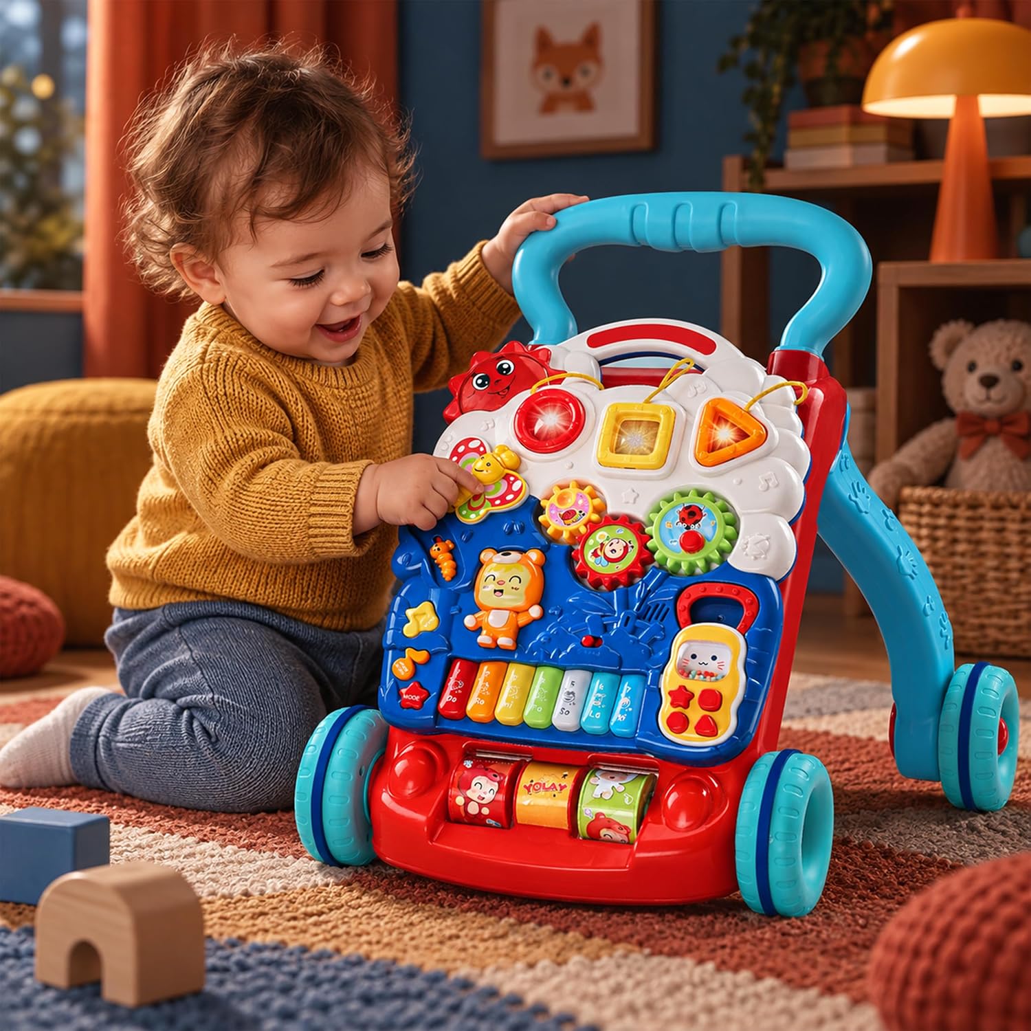 YOLAY Baby Walker, Anti-Slip Baby Push Walker with AA Duracell Batteries