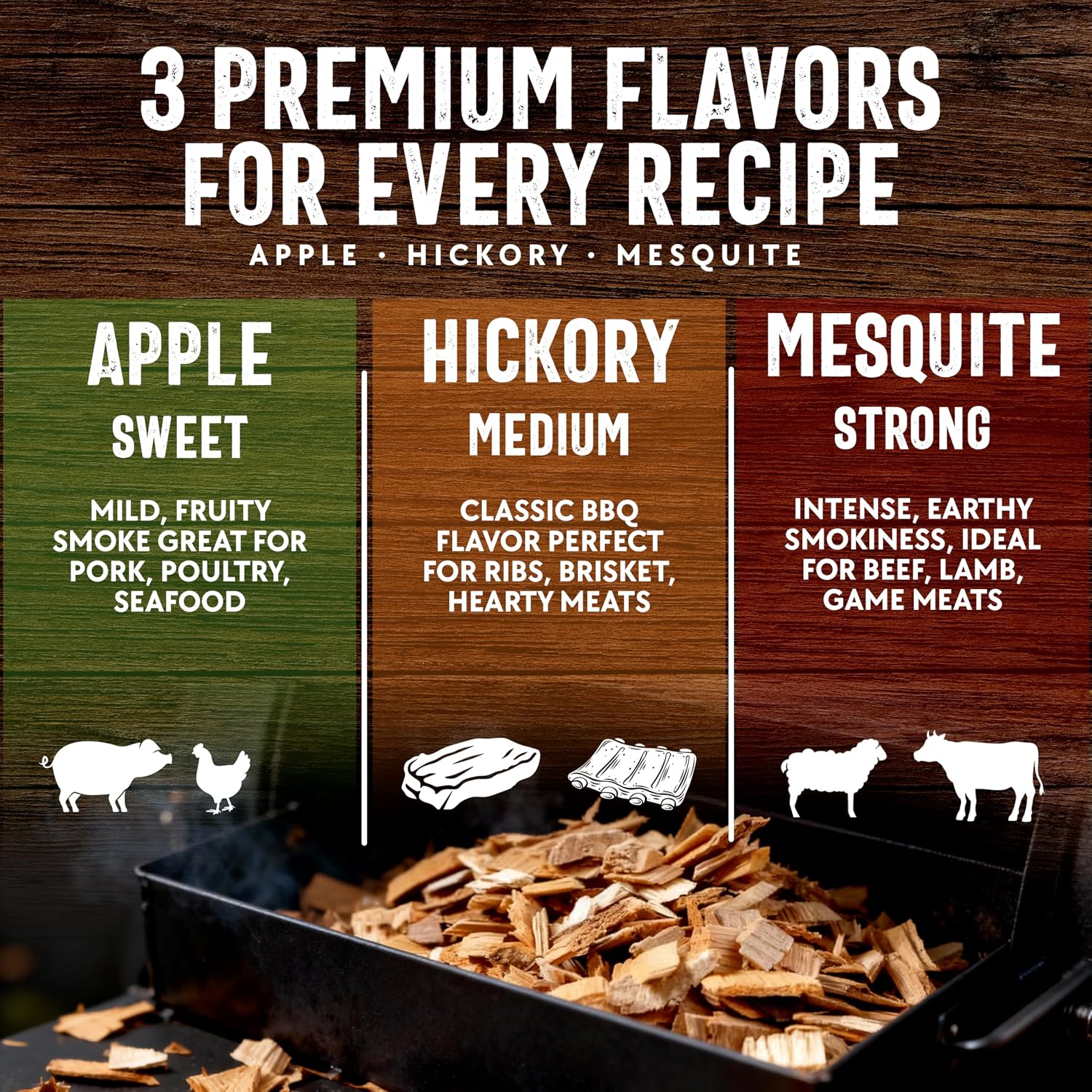 Wood Smoker Chips Bundle of 3 Flavors - Apple, Mesquite & Hickory Wood Chips by Mr. Bar-B-Q, Can be Used on Gas & Charcoal Grill, Variety of Flavors for Smokers, Grilling, BBQ, Camping(3 x 1.8 Lb Bag)