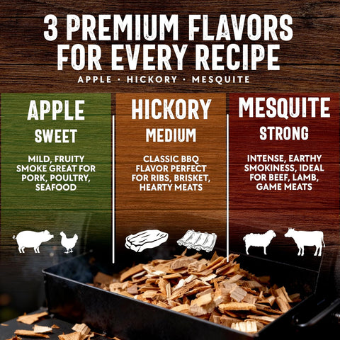 Wood Smoker Chips Bundle of 3 Flavors - Apple, Mesquite & Hickory Wood Chips by Mr. Bar-B-Q, Can be Used on Gas & Charcoal Grill, Variety of Flavors for Smokers, Grilling, BBQ, Camping(3 x 1.8 Lb Bag)