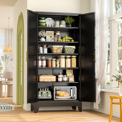 GAIOUS 75.2" Tall Metal Storage Cabinet, Kitchen Pantry Cabinet Black