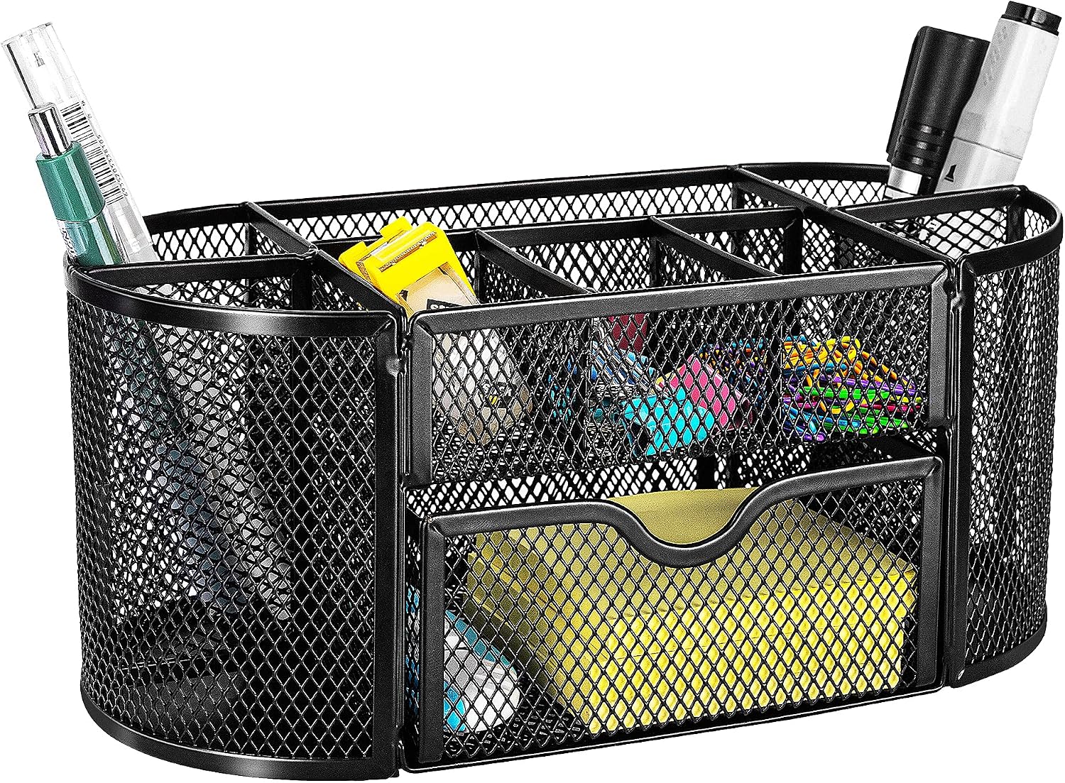 Amazon Basics Mesh Desk Organizer with Pen Holder, Pullout Drawer and Office Caddy Storage, 9.25" x 4.53" x 3.94", Black