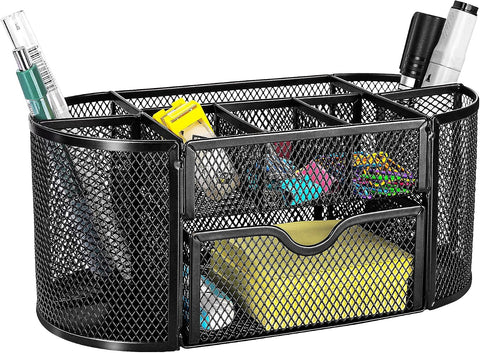 Amazon Basics Mesh Desk Organizer with Pen Holder, Pullout Drawer and Office Caddy Storage, 9.25" x 4.53" x 3.94", Black