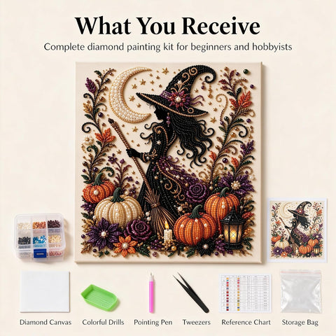 JOYGIEE Halloween Ghost Pearl Art DIY Kit, Spooky Cute 3D Diamond Painting Crafts for Adults, 11.8 * 11.8ines No Frame, DIY Fall Home Decor Wall Art, Beginner DIY Seasonal Party Gift (Witch)
