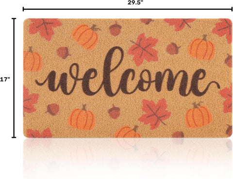 Fall Welcome Door Mat for Front Door, Pumpkin & Maple Leaves Doormat Design