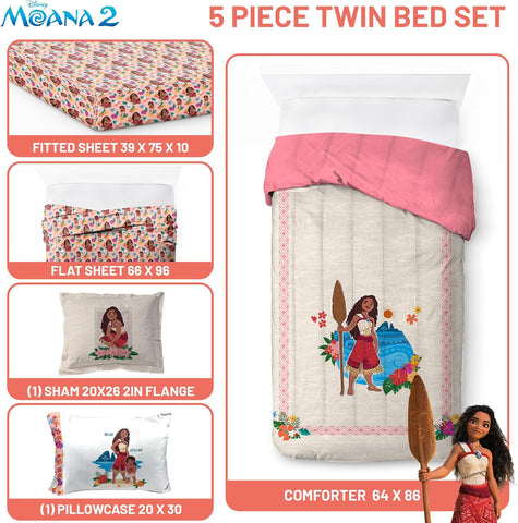 Disney Moana Twin Comforter Set 5 Piece Kids Bedding for Girls, Beige