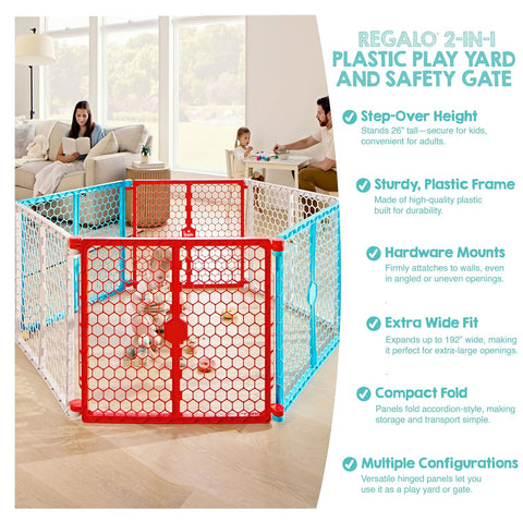 Regalo Safety 192-Inch Super Wide Baby Gate and Play Yard, 2-in-1 Convertible Plastic Baby Gate, Extra Wide Safety Barrier, Hardware Mounted, Adjustable Panels for Openings, Ages 6–24 Months