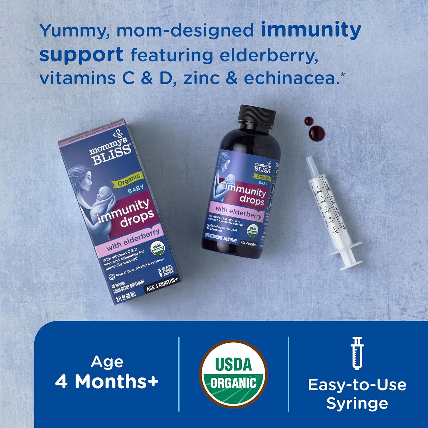 Mommy's Bliss Organic Baby Elderberry Drops, Immune Support with Vitamins, Prebiotics, Zinc & Organic Echinacea, Age 4 Months +, 3 Fl Oz (36 Servings)
