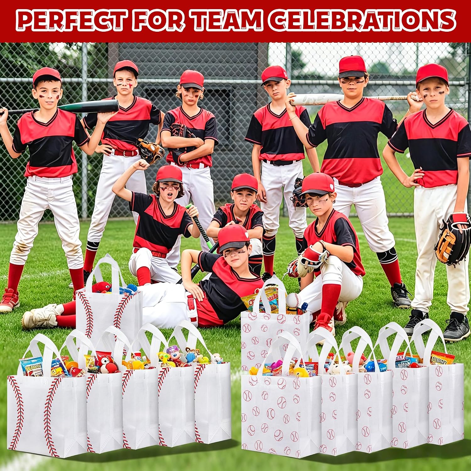 12 Pack Baseball Goodie Bags with Handles: Reusable Non-Woven Baseball Party Favor Bags for Kids Birthday Party, Game Day Gift Bag for Candy, Snacks, Treat, Team Celebration & School Events