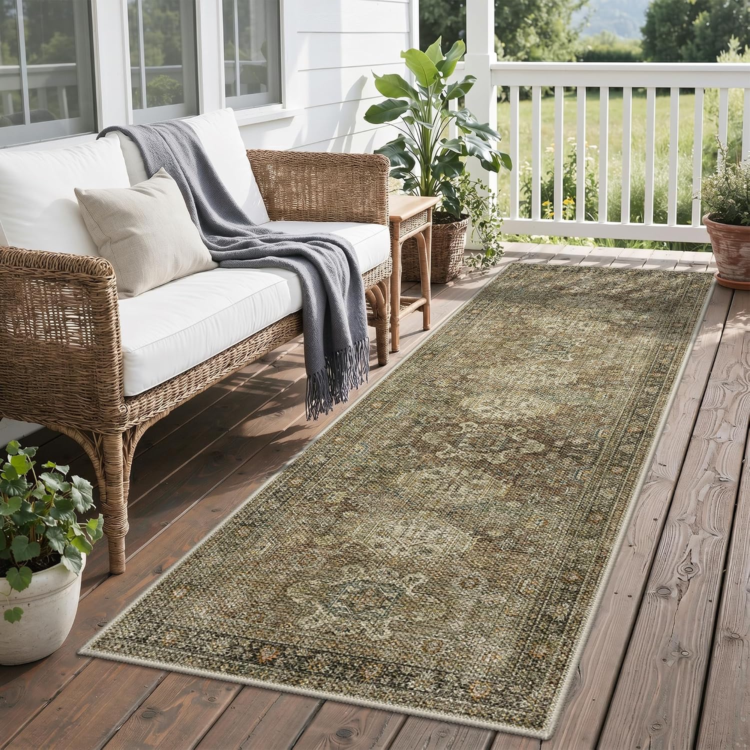 GENIMO 2.5x8 Outdoor Runner Rug, Washable for Patio, Olive Brown