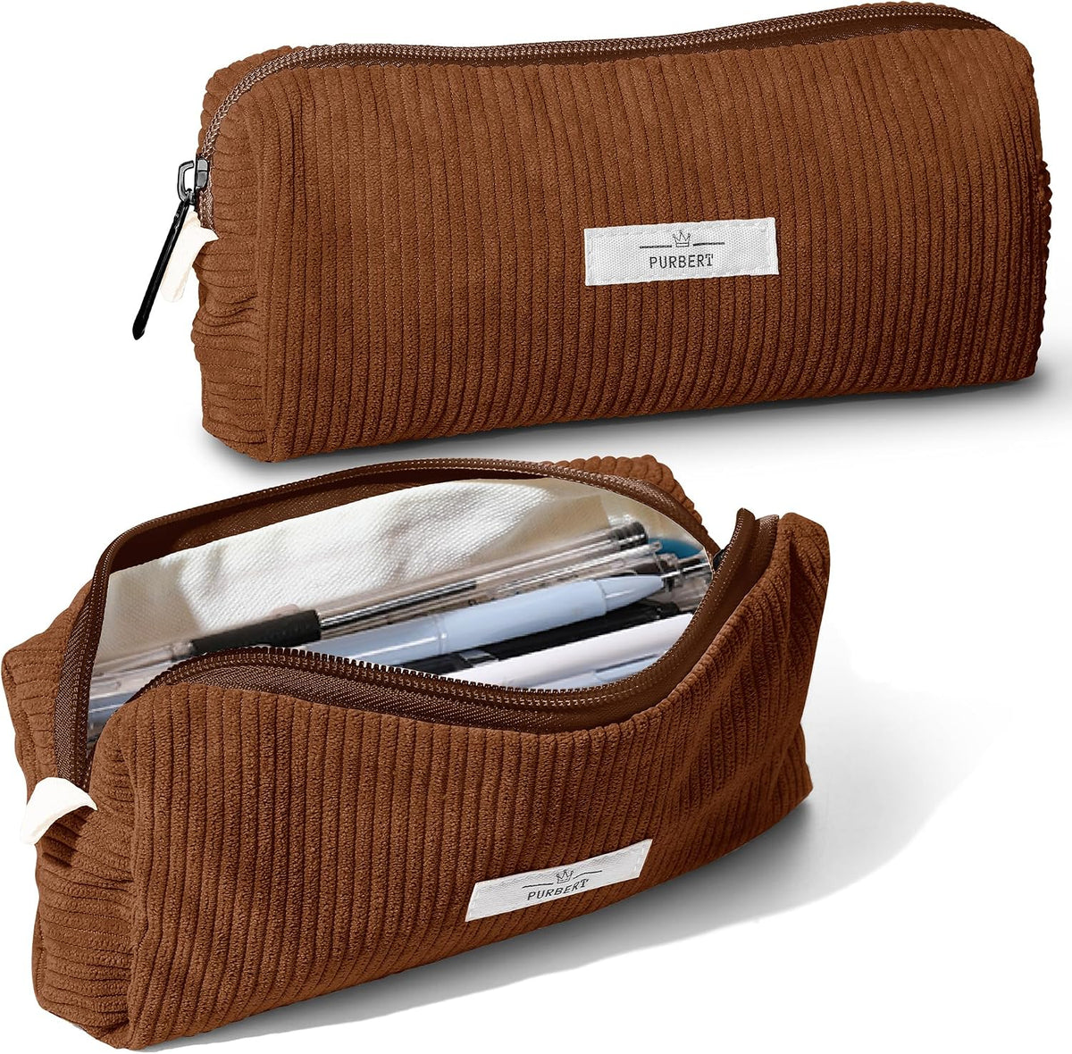 Soft Corduroy Pencil Case Pouch - Small Stationery Pen Bag Brown