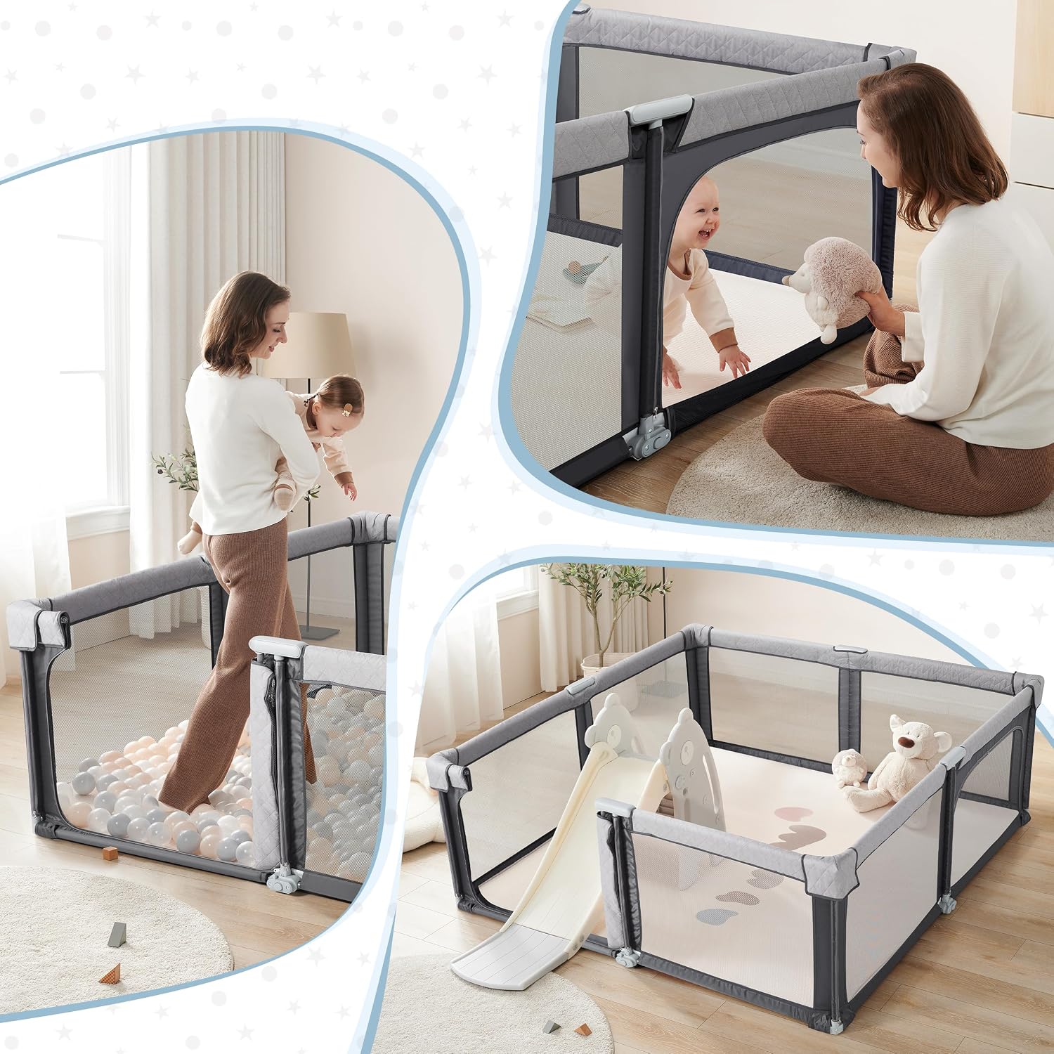 Sweeby Baby Playpen, 59x59 Inch Baby Gate Playpens for Babies and Toddlers, Large Playpen with Door Play Yard for Fence Indoor and Outdoor Play Pen,Space Gray
