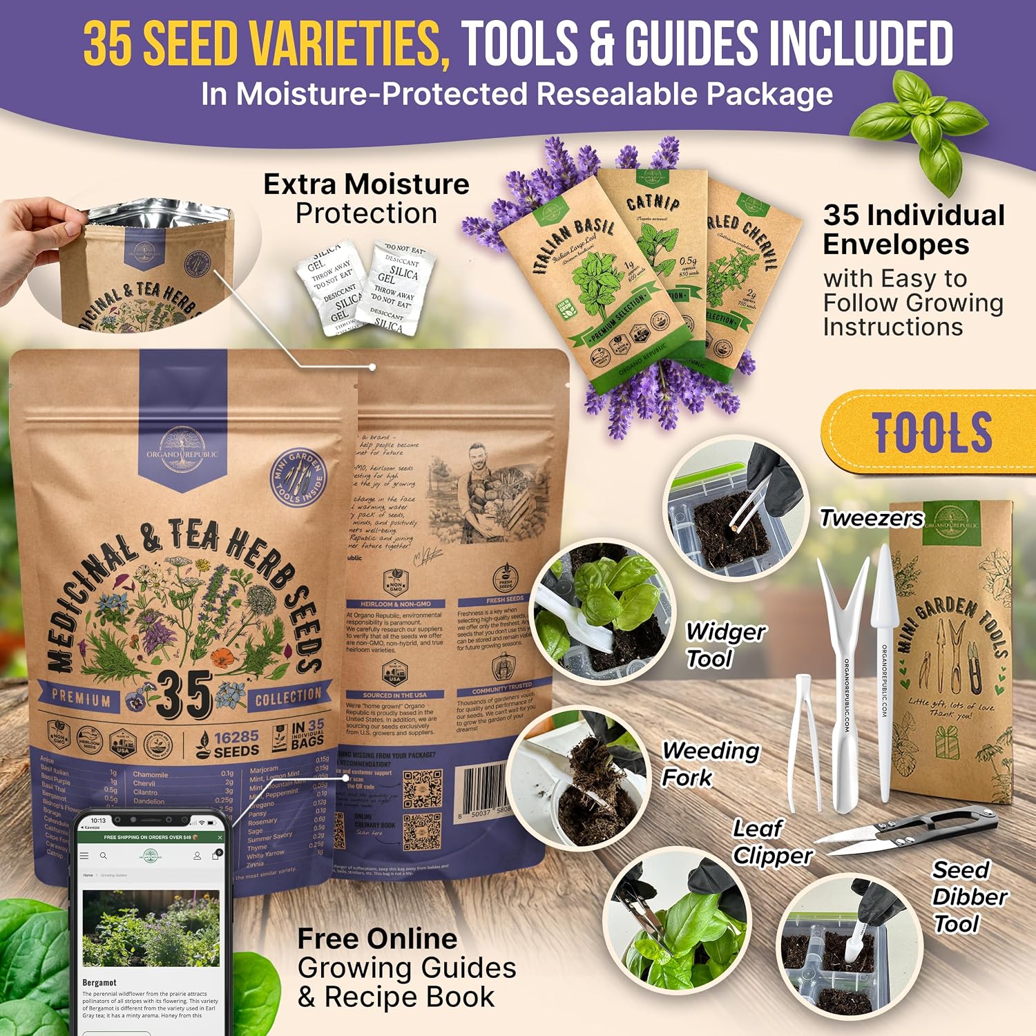35 Medicinal & Tea Herb Seeds Variety Pack for Indoor & Outdoors. 16,335+ Non-GMO Heirloom Garden Seeds: Anise, Bergamot, Borage, Cilantro, Chamomile, Dandelion, Rosemary Seeds & More