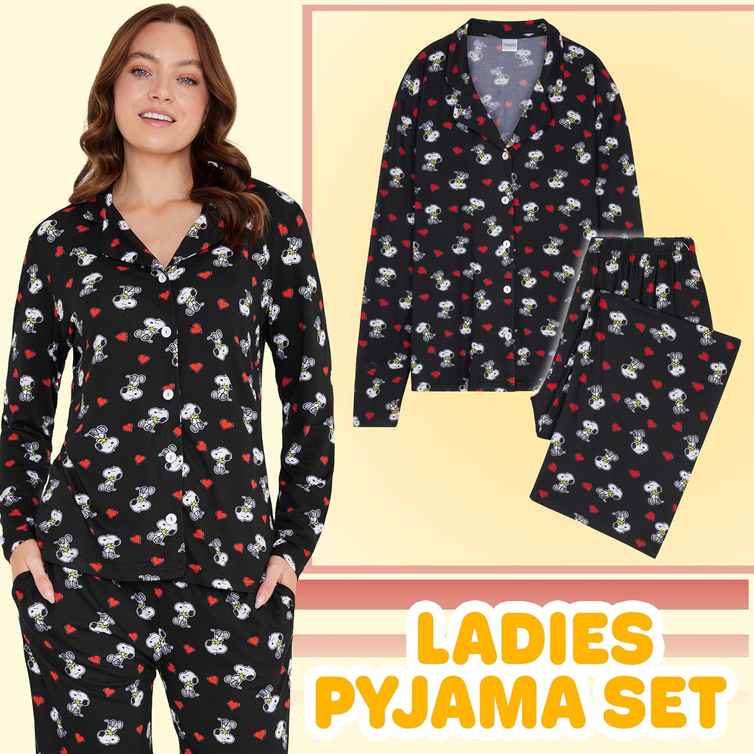 Peanuts Snoopy Pajamas for Women Set Long Sleeve Lounge Top PJ Pants Sleepwear Cute Nightwear Loungewear Gifts for Women