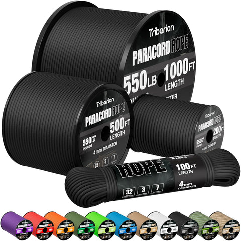 Paracord Rope 550 lb - 100ft 5/32" Parachute Cord 4MM 7-Strand para Cord - Heavy Duty Spool String for Survival,Camping Gear, Survival Bracelet, Clothesline - Black