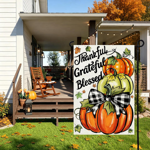 Thanksgiving Garden Flag 12x18 In, Pumpkin with"Thankful Grateful Blessed"