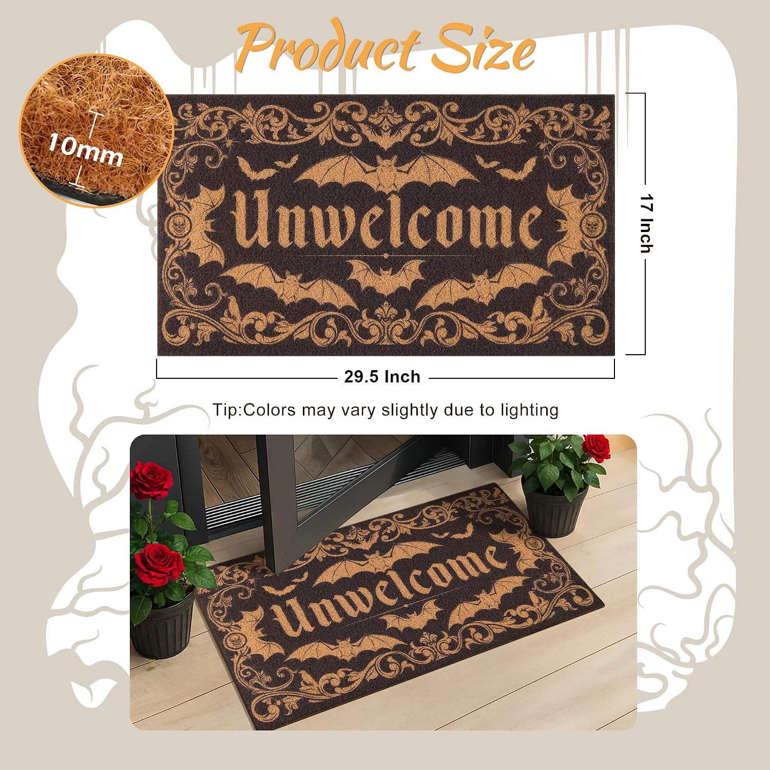 Halloween Door Mat Dark Gothic Bat Design Unwelcome Entrance Rug for Porch