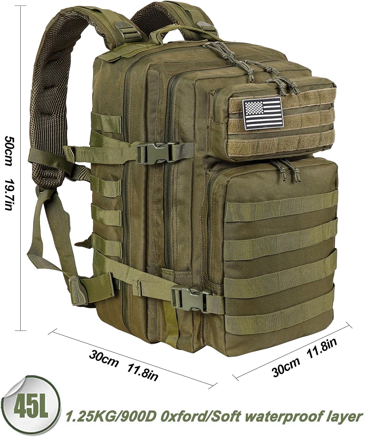 LHI Military Tactical Backpack for Men and Women 45L Army 3 Days Assault Pack Bag Large Rucksack with Molle System Army Green