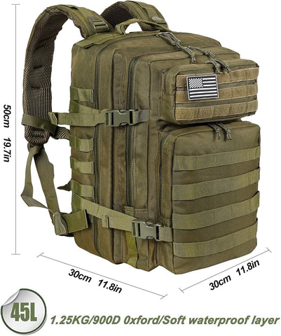 LHI Military Tactical Backpack for Men and Women 45L Army 3 Days Assault Pack Bag Large Rucksack with Molle System Army Green