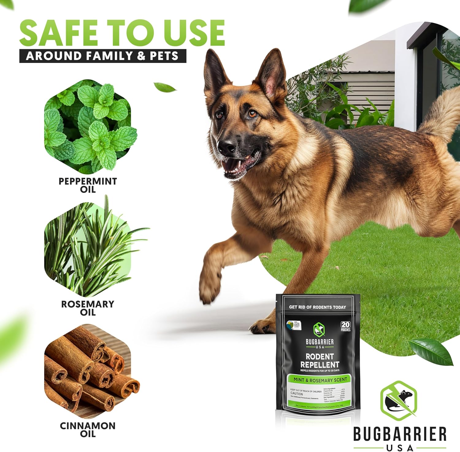 BugBarrier's Extra-Strength Mouse Repellent Deterrent Pouches, USDA 99% Biobased, Peppermint & Rosemary Oils Repel Mice Nesting in Car, RV, Boat, Garage, Shed, Cabin Made in The USA (Pack of 20)