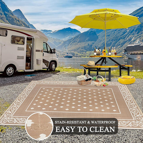 Pauwer Waterproof Outdoor Rug 6x9, Plastic Straw Patio Rug, Bordered Beige