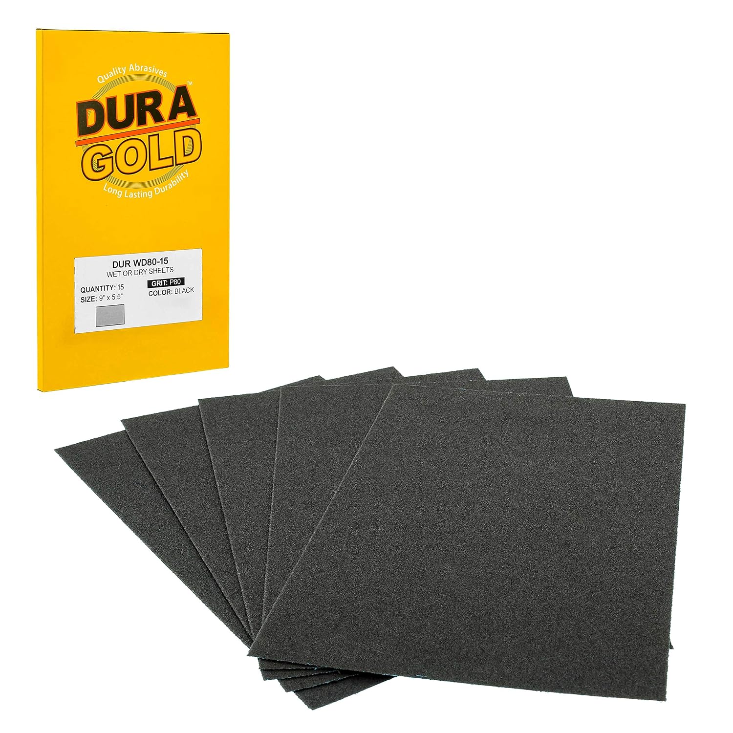 Dura-Gold 5-1/2" x 9" Wet or Dry Sandpaper Sheets, 80 Grit, Box of 15