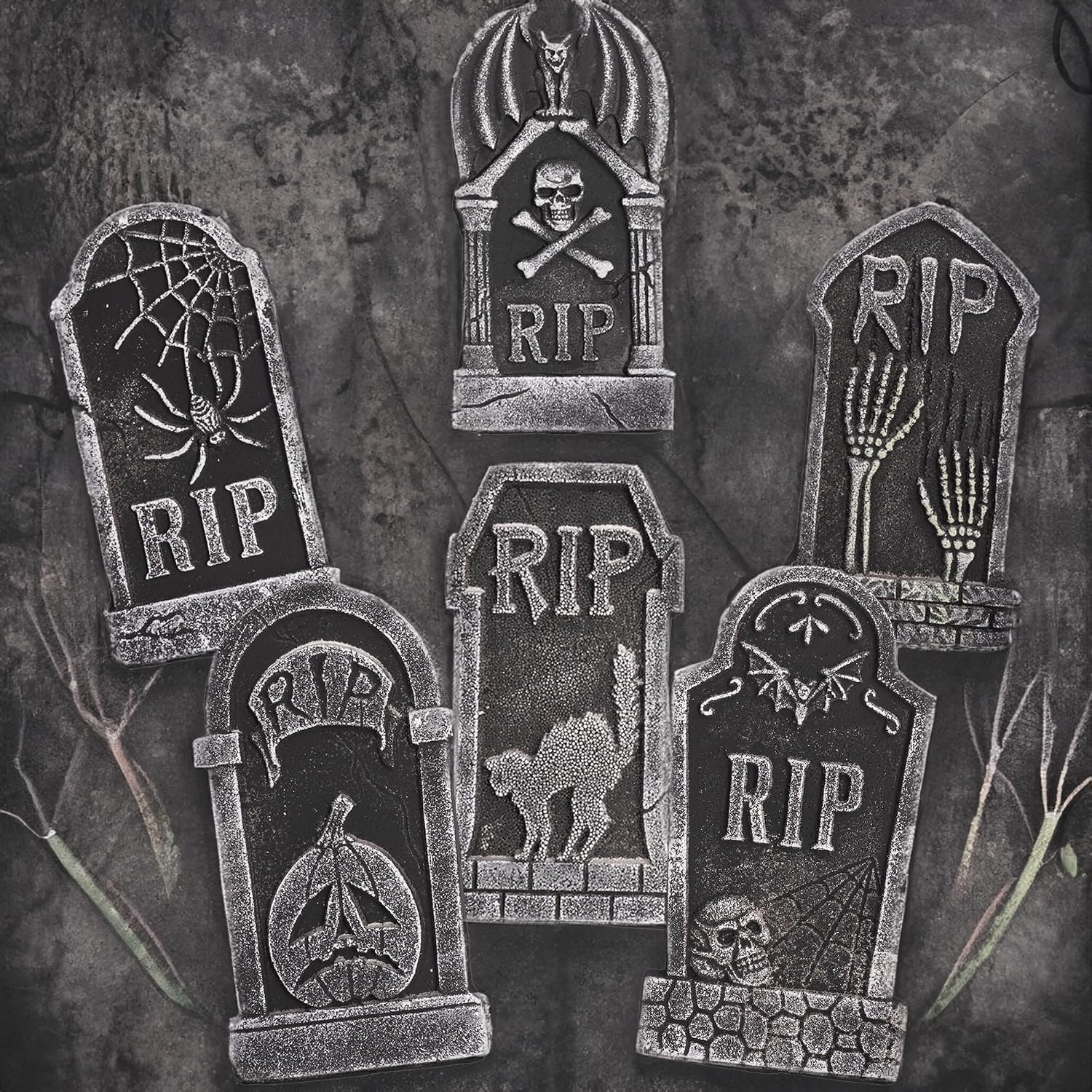 Hourleey Halloween Foam RIP Tombstones, 6 Pack 15" Graveyard Headstone Decorations Outdoor for Halloween Lawn Yard Garden Tombstone Decor