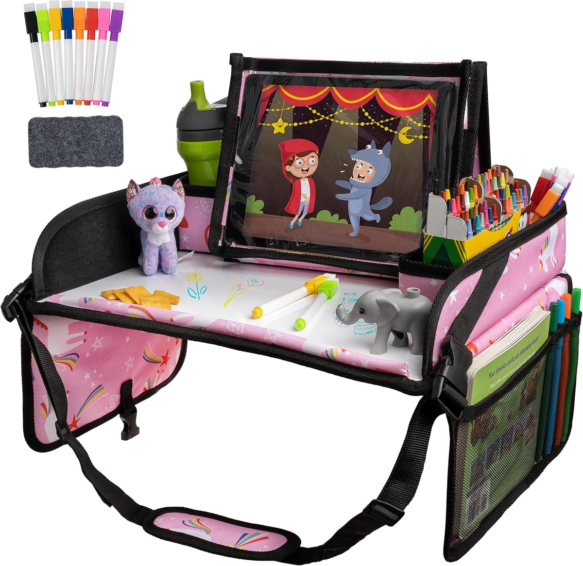 Lusso Gear Travel Car Seat Tray - Dry Erase Board & Secure Tablet Holder for Toddler Travel - Durable 600D Oxford Cloth with Snack & Toy Compartments for Road Trip Essentials for Kids - Pink Unicorn
