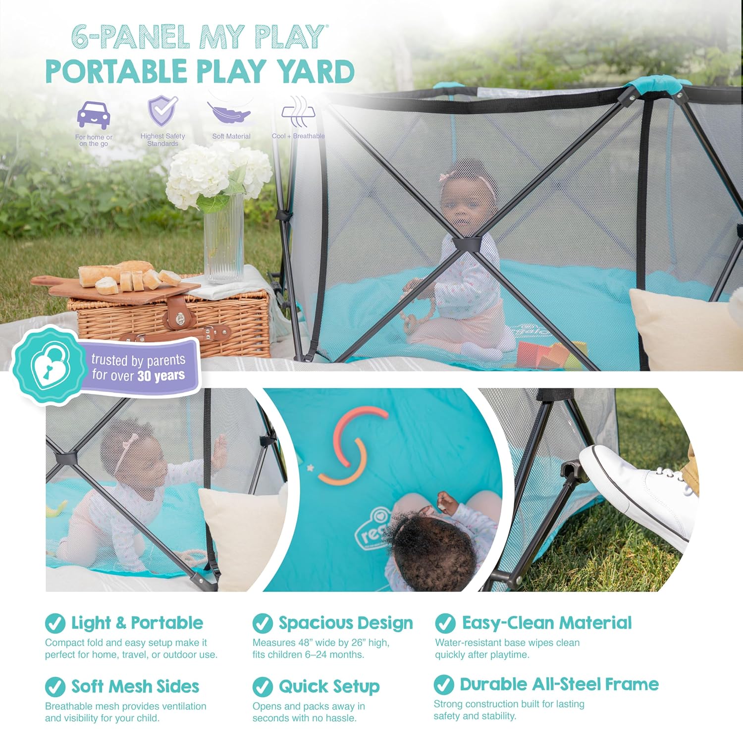 Regalo Safety My Play Portable Baby Playpen & Play Yard, Foldable 6-Panel Indoor Outdoor Playpen for Babies & Toddlers, Mesh Sides, Washable Fabric, 48”, Aqua/Black