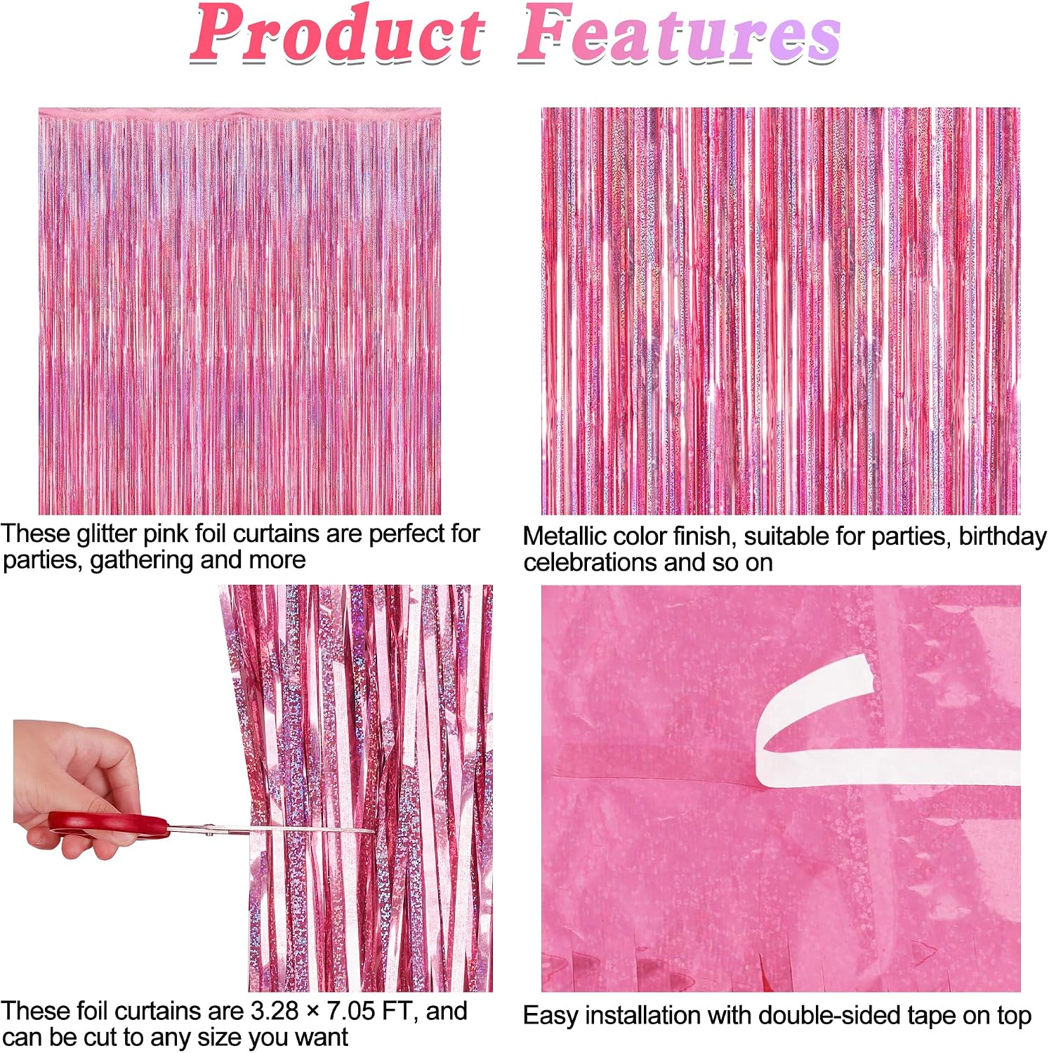 2 Pack Glitter Pink Backdrop, 3.28 FT x 7.05 FT Birthday Party Decorations, Laser Pink Fringe Curtains Foil Streamer Tinsel, Pink Curtains Photo Backdrop Happy Birthday Valentines Day Backdrop