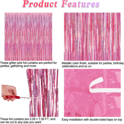 2 Pack Glitter Pink Backdrop, 3.28 FT x 7.05 FT Birthday Party Decorations, Laser Pink Fringe Curtains Foil Streamer Tinsel, Pink Curtains Photo Backdrop Happy Birthday Valentines Day Backdrop