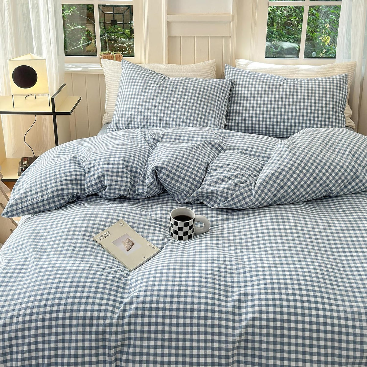 LifeTB Gingham Duvet Cover King 100% Washed Cotton Blue Plaid Duvet Cover 3 Pieces Boho Grid Comforter Cover with 2 Pillowcases Luxury Soft Gingham Bedding Set Buffalo Grid Duvet Cover King Size
