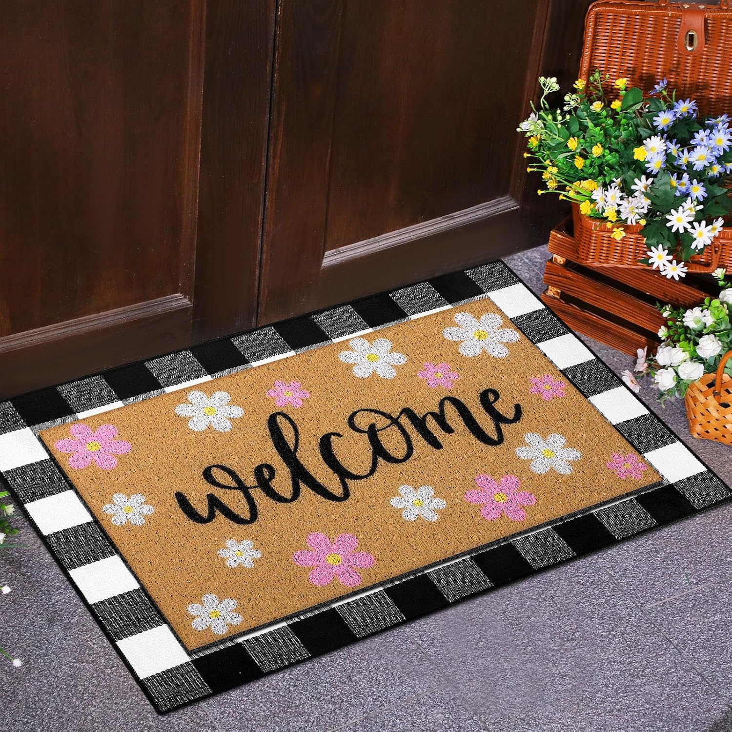 Tinideya 2 Pcs Spring Door Mat Outdoor Layered Pink Flower Welcome Mat