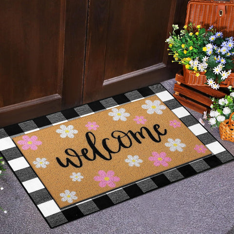 Tinideya 2 Pcs Spring Door Mat Outdoor Layered Pink Flower Welcome Mat