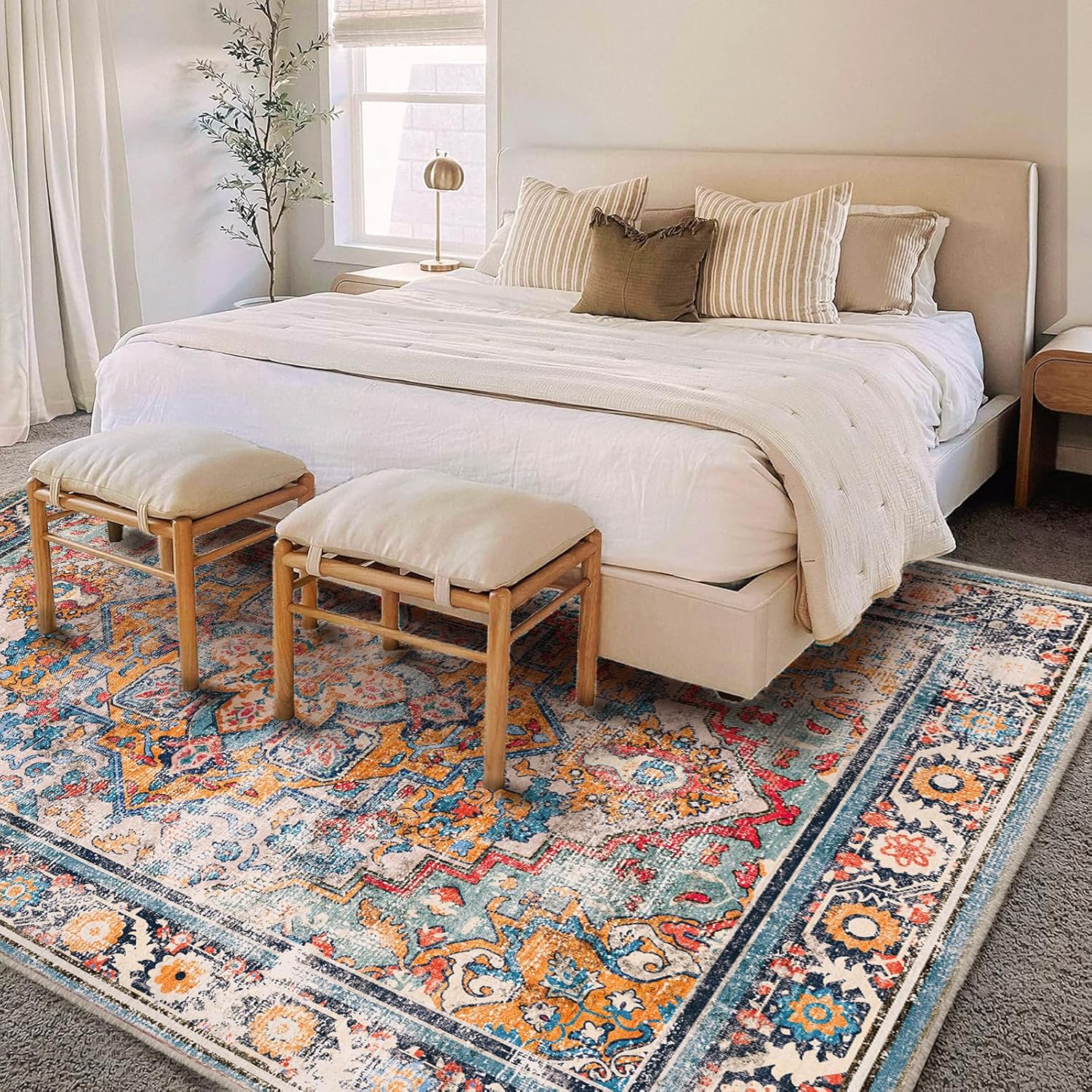 CHAMPLANT 6'x9' Washable Vintage Area Rug Boho Chic Medallion Distressed Design Non-Shedding Easy Care Ideal for High Traffic Areas in Living Room Bedroom Kitchen Office Large Carpet