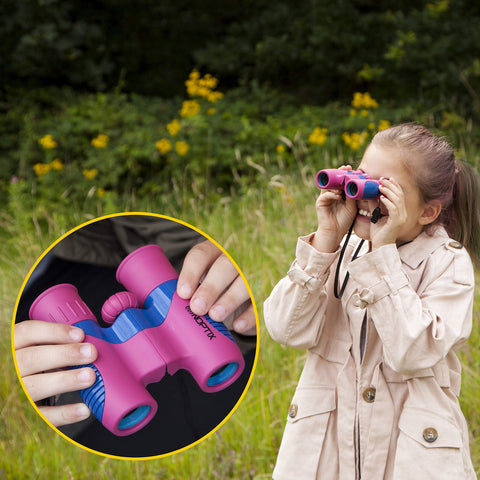 Kids Binoculars girls or boys Real Binoculars in vibrant Pink and Blue - for ages 3 to 14 - includes Sticker Book of 40 Birds with species names