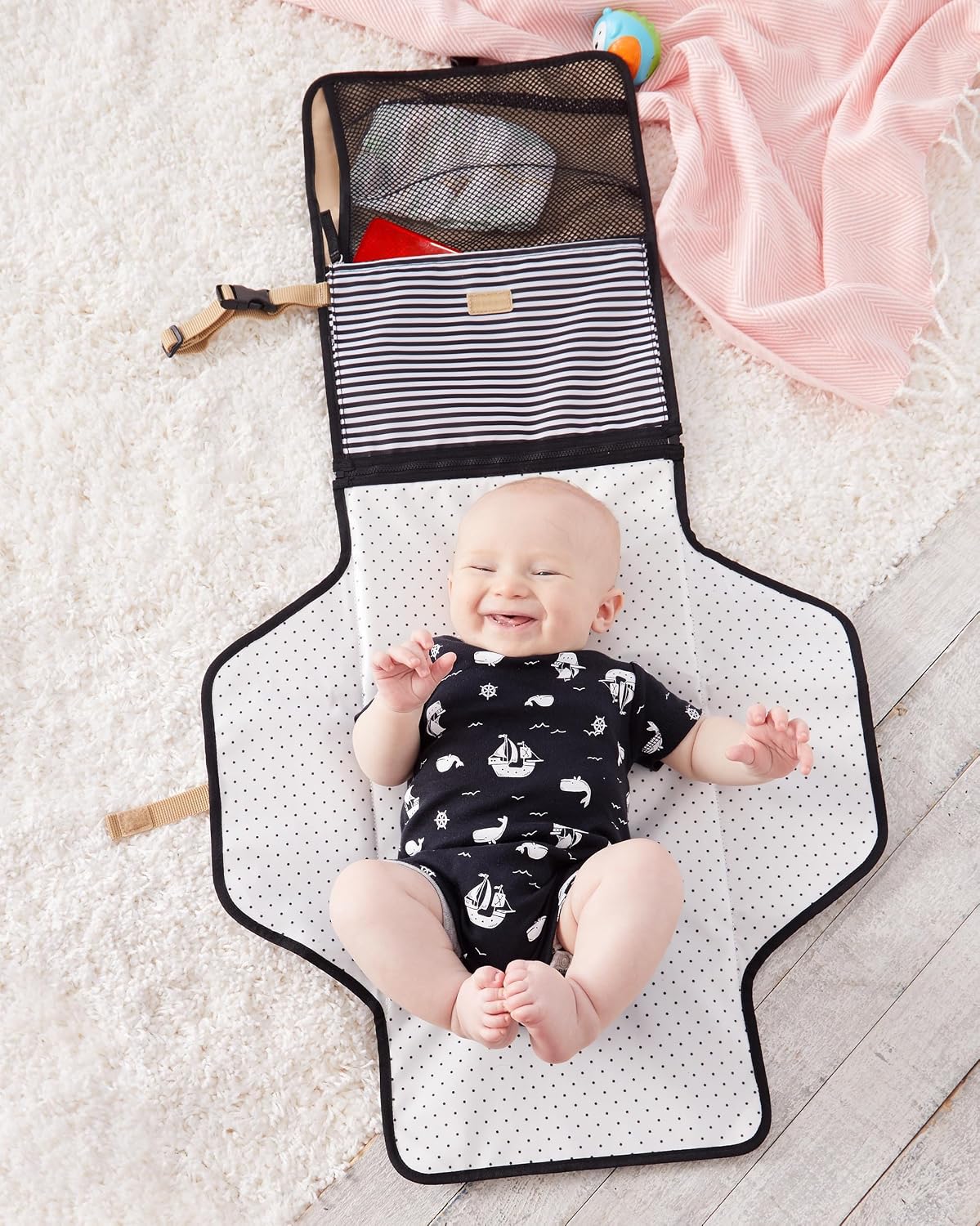 Skip Hop Pronto Signature Portable Changing Mat, Cushioned Diaper Changing Pad with Built-in Pillow, Black Stripe