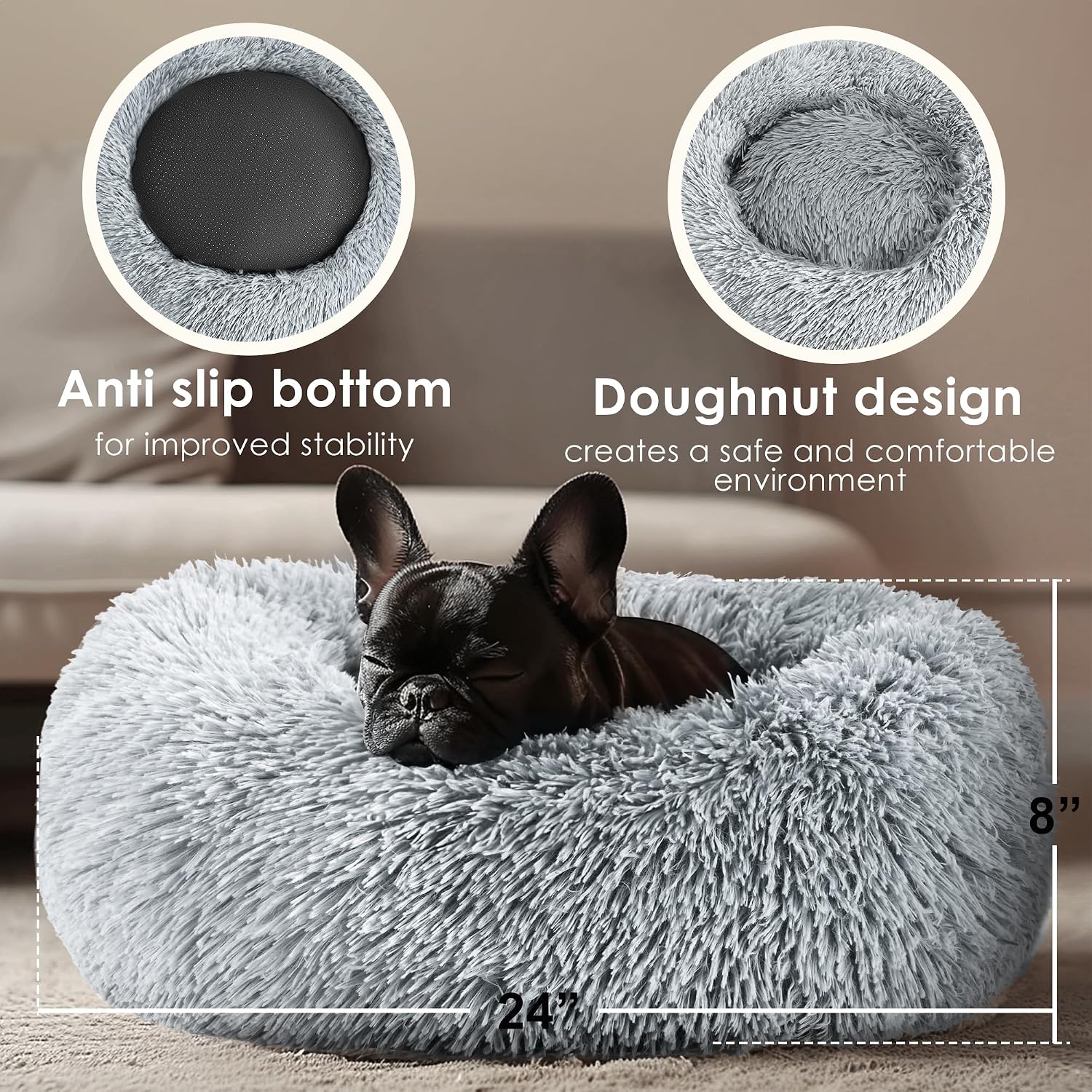 Dogs Bed for Small Dogs, Anti-Anxiety Washable Round Bed (24in Light Grey)
