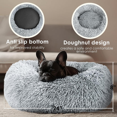 Dogs Bed for Small Dogs, Anti-Anxiety Washable Round Bed (24in Light Grey)