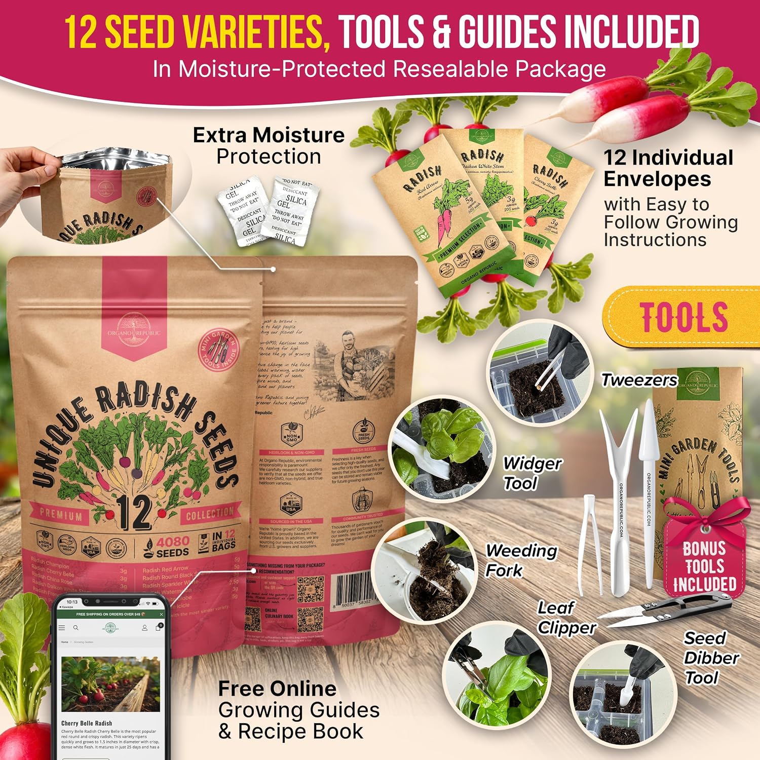 Organo Republic 12 Radish Seeds Variety Pack for Indoor & Outdoors 2400+ Heirloom Non-GMO Radish Garden Seeds: Daikon, Cherry Belle, French, Breakfast, Champion, Purple, Watermelon Radishes Seeds