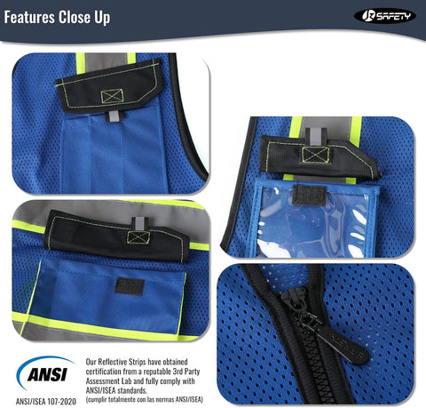 JKSafety Safety Vest for Men Women Hi Vis Reflective Vest JK220 Blue 2XL