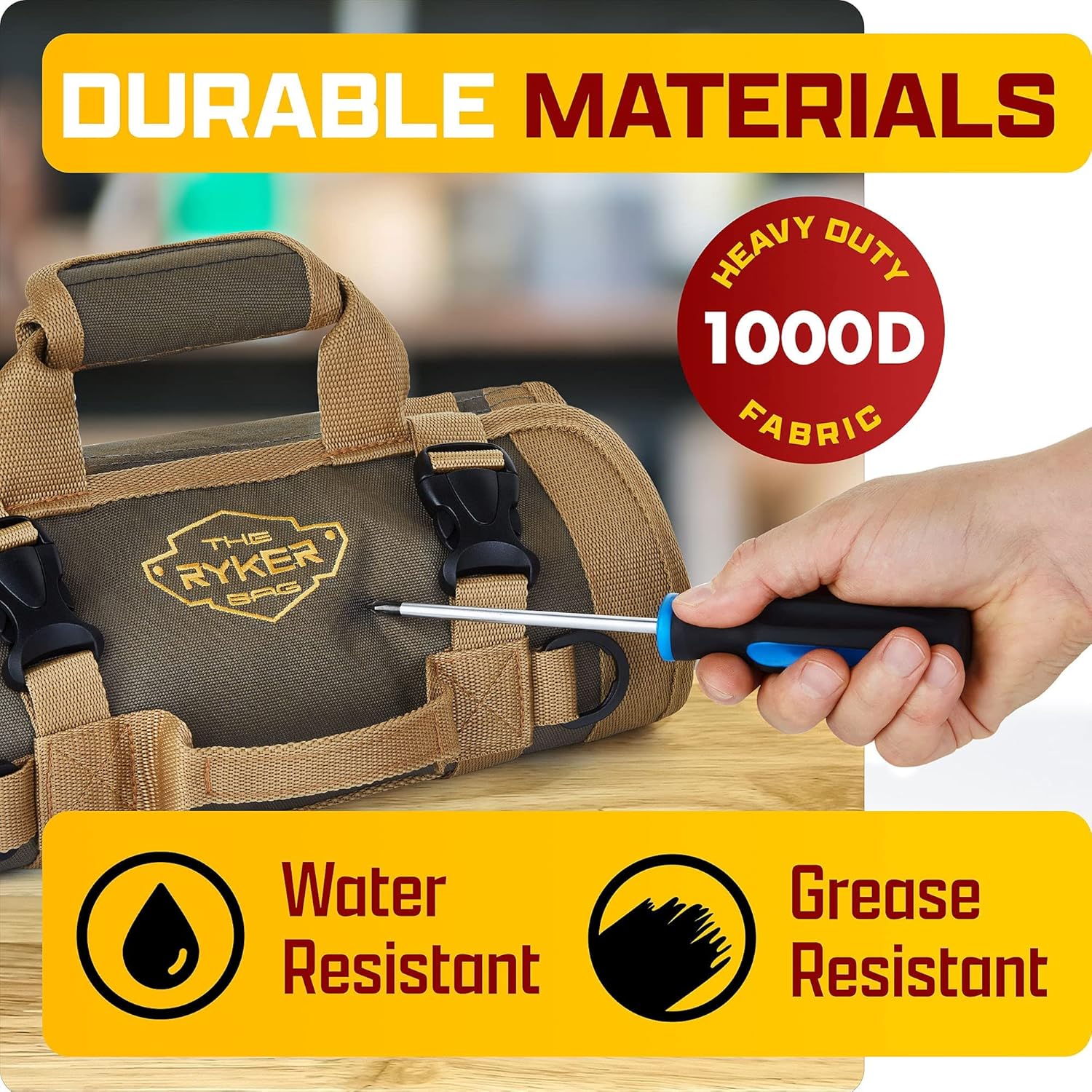 Ryker Heavy Duty Roll Up Tool Bag Organizer w/Detachable Pouches, Gift for Men