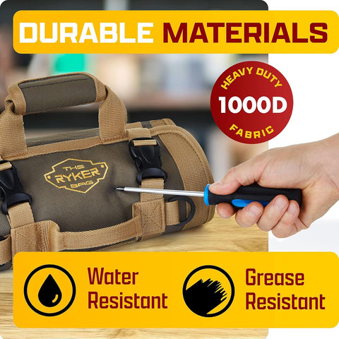 Ryker Heavy Duty Roll Up Tool Bag Organizer w/Detachable Pouches, Gift for Men