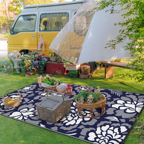 GENIMO Outdoor Rug 5' x 8' Waterproof for Patios Clearance, Reversible Outdoor Plastic Straw Camping Rug Carpet, Large Area Rugs Mats for RV, Camper, Deck, Balcony, Porch, Beach, Navy Blue&White