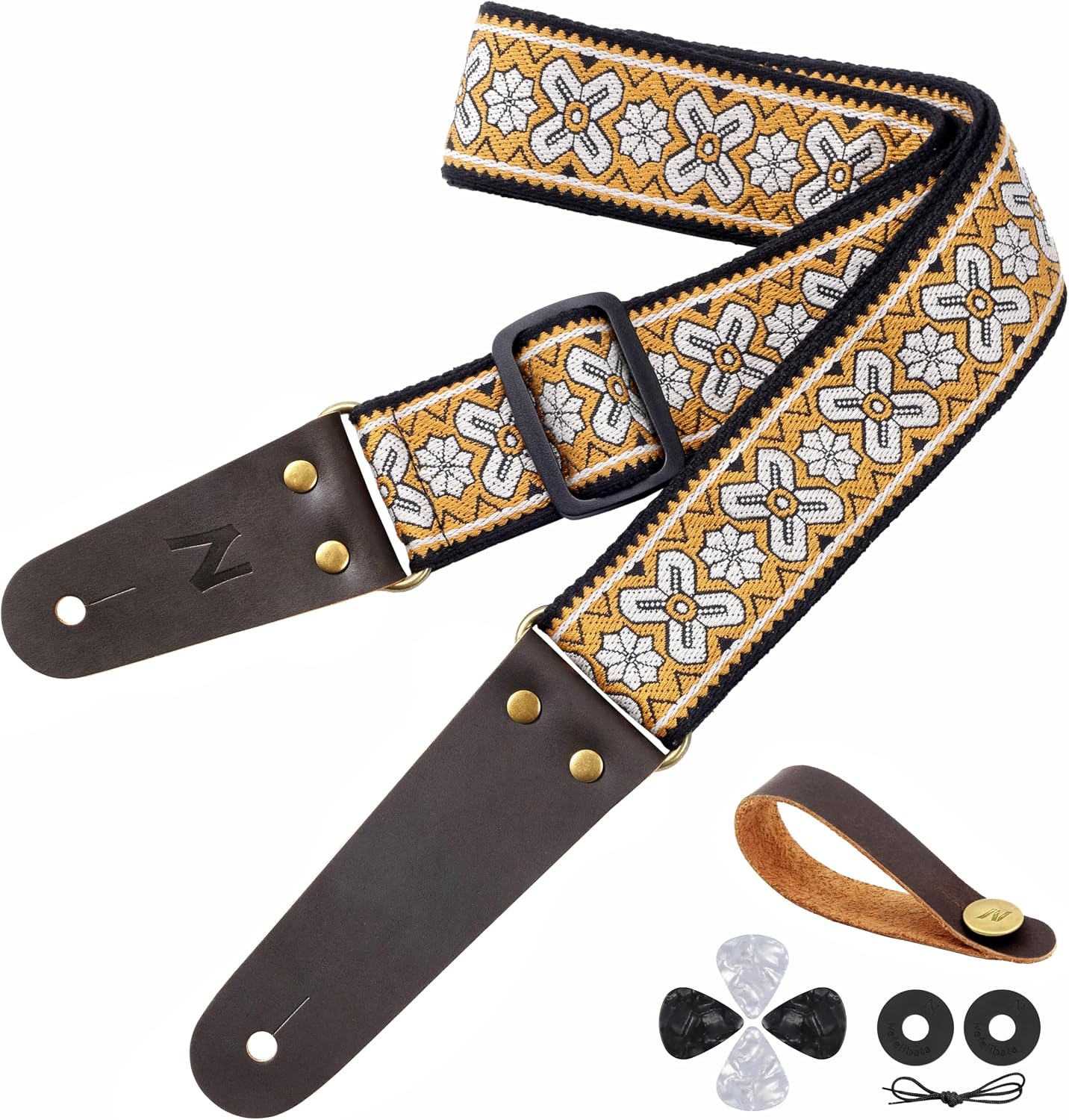 Nefelibata Guitar Strap, Embroidered Cotton Guitar Straps with Head Cowhide Leather Ends for Bass, Electric & Acoustic Guitars, Free Strap Button, 1 Pair Strap Locks and 4 Guitar Picks