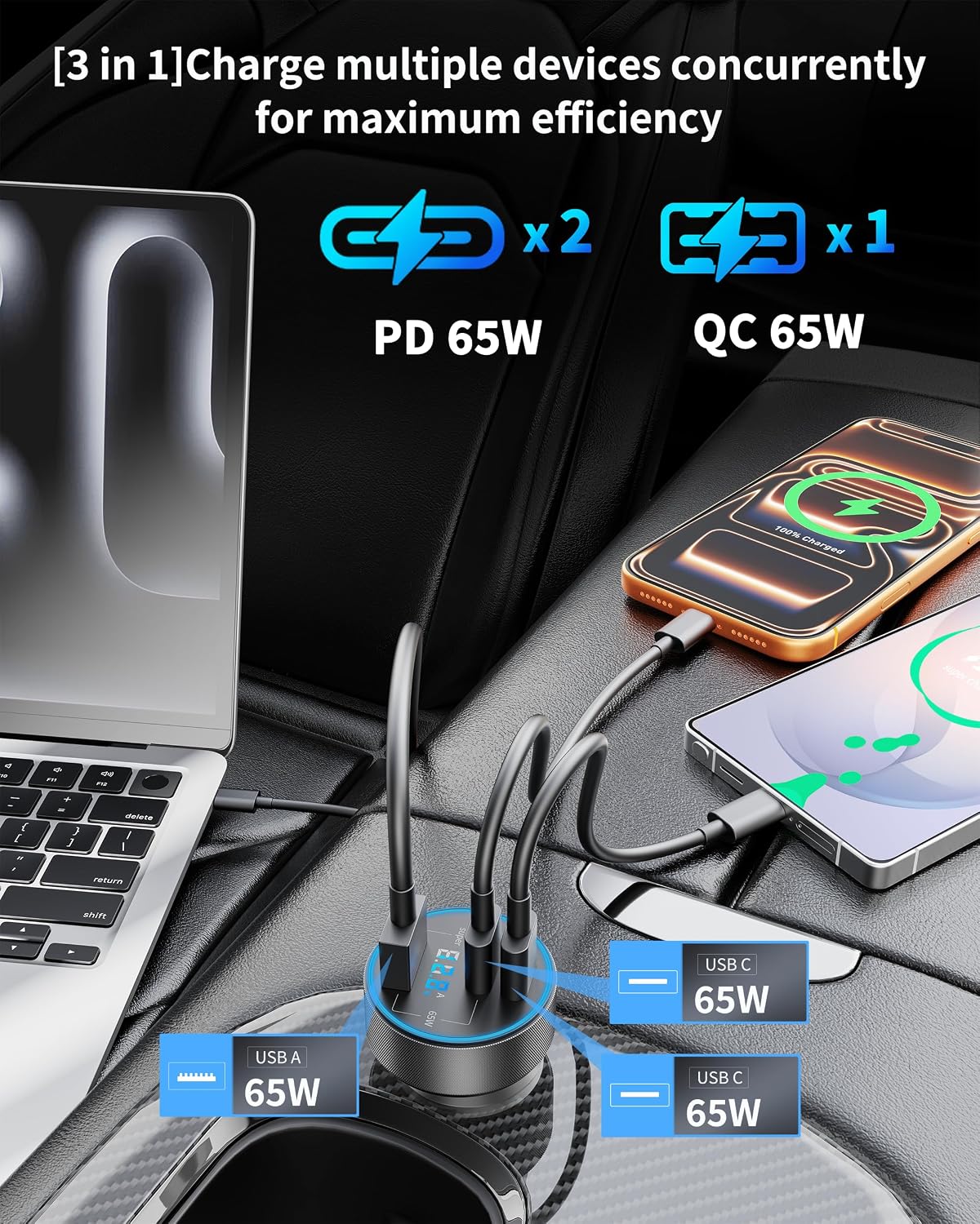 130W 3-Port USB C Super Fast Car Charger (with Voltage Display) for Samsung