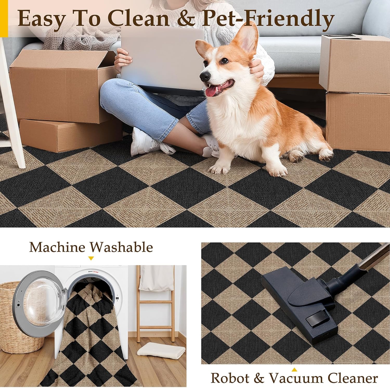 PureCozy 2x3 Black Checkered Washable Area Rug Non Slip