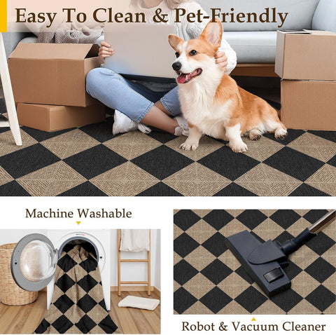 PureCozy 2x3 Black Checkered Washable Area Rug Non Slip