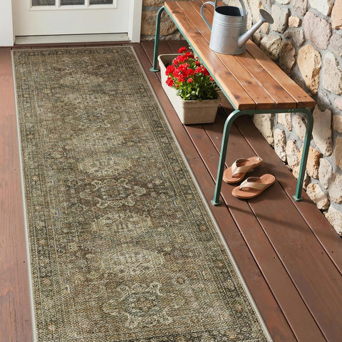 GENIMO 2.5x8 Outdoor Runner Rug, Washable for Patio, Olive Brown